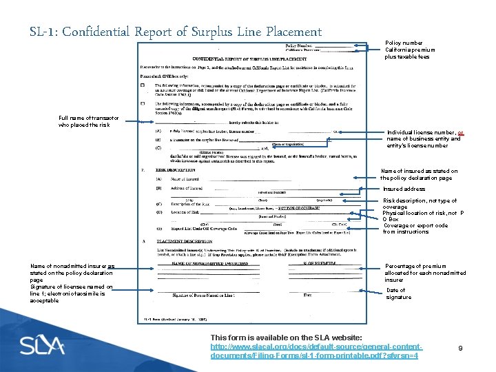 SL-1: Confidential Report of Surplus Line Placement Policy number California premium plus taxable fees