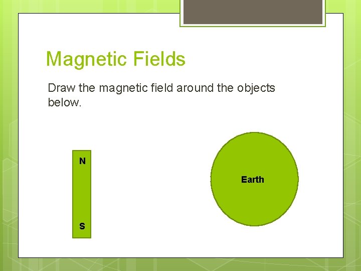 Magnetic Fields Draw the magnetic field around the objects below. N Earth S 