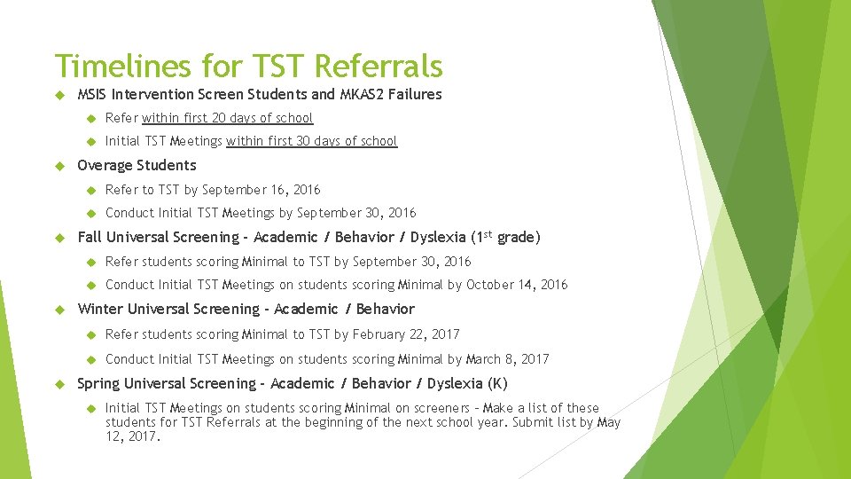 Timelines for TST Referrals MSIS Intervention Screen Students and MKAS 2 Failures Refer within