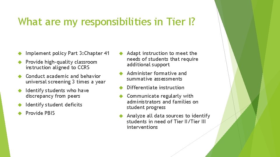 What are my responsibilities in Tier I? Adapt instruction to meet the needs of