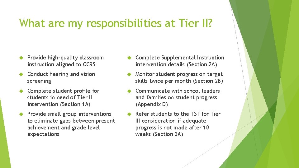 What are my responsibilities at Tier II? Provide high-quality classroom instruction aligned to CCRS