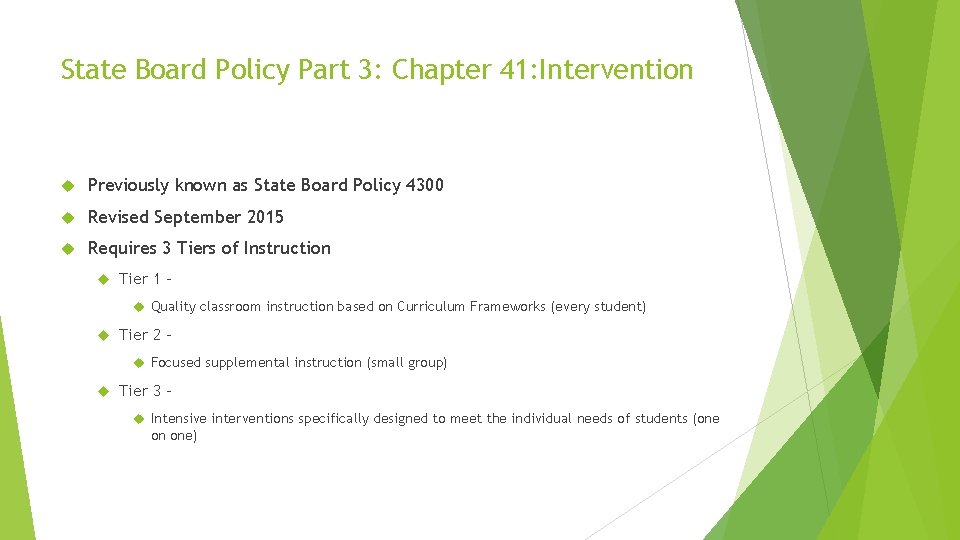 State Board Policy Part 3: Chapter 41: Intervention Previously known as State Board Policy