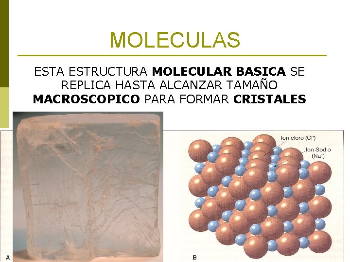 MOLECULAS ESTA ESTRUCTURA MOLECULAR BASICA SE REPLICA HASTA ALCANZAR TAMAÑO MACROSCOPICO PARA FORMAR CRISTALES