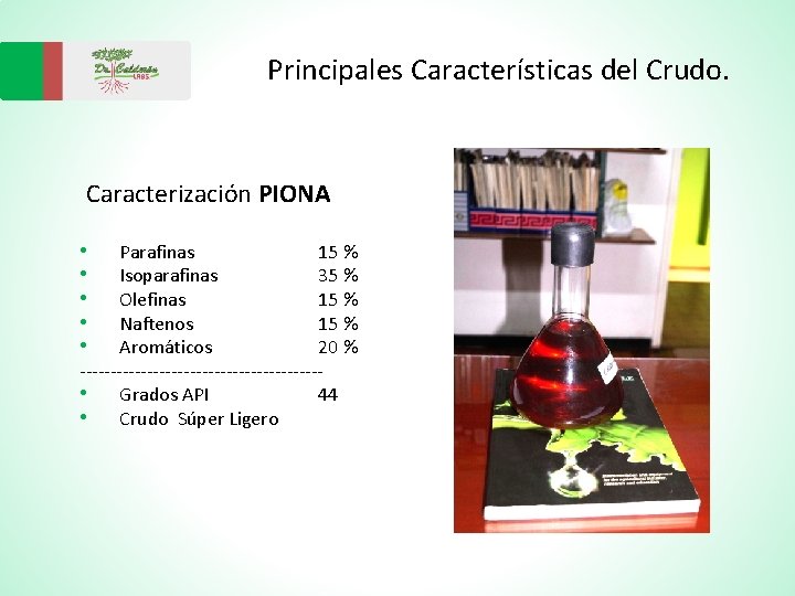 Principales Características del Crudo. Caracterización PIONA • • • Parafinas 15 % Isoparafinas 35