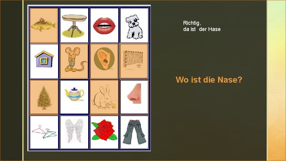 z Richtig, da ist der Hase Wo ist die Nase? 