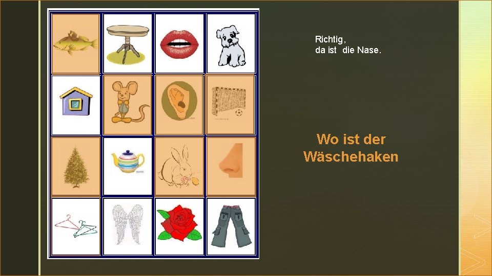 z Richtig, da ist die Nase. Wo ist der Wäschehaken 