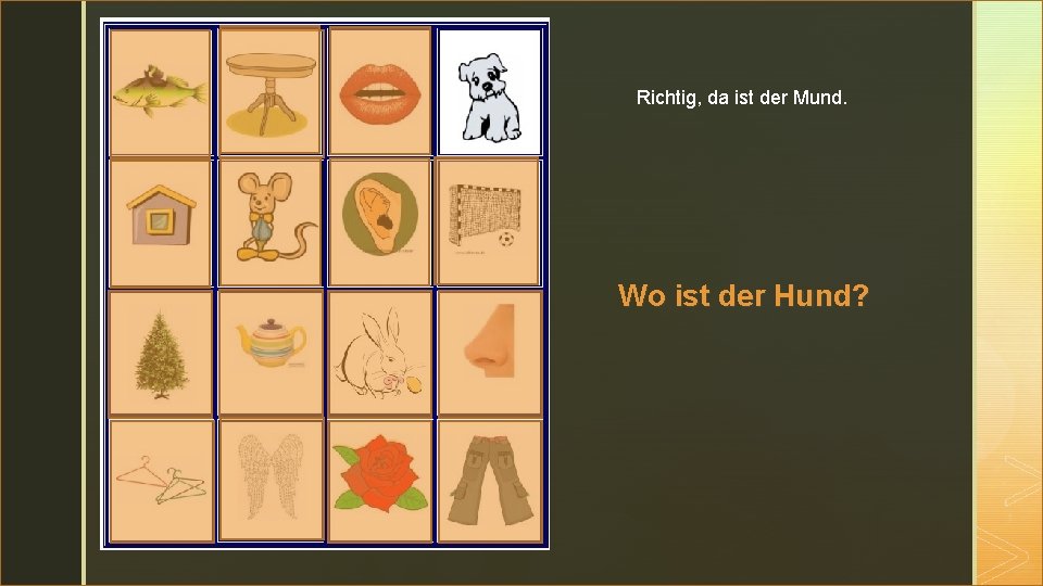 z Richtig, da ist der Mund. Wo ist der Hund? 