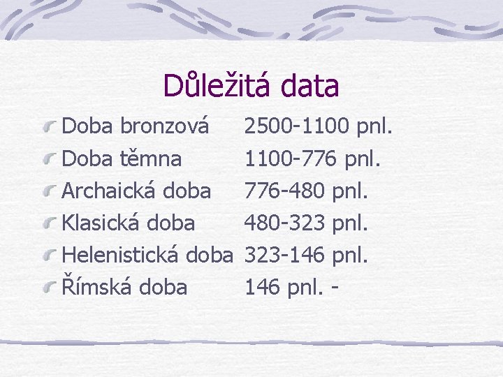 Důležitá data Doba bronzová Doba těmna Archaická doba Klasická doba Helenistická doba Římská doba Důležitá data Doba bronzová Doba těmna Archaická doba Klasická doba Helenistická doba Římská doba
