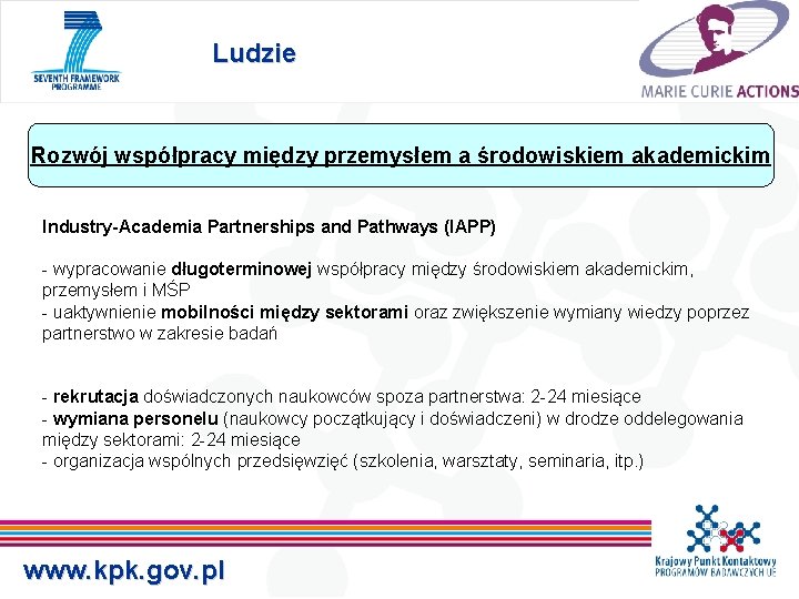 Ludzie Rozwój współpracy między przemysłem a środowiskiem akademickim Industry-Academia Partnerships and Pathways (IAPP) -
