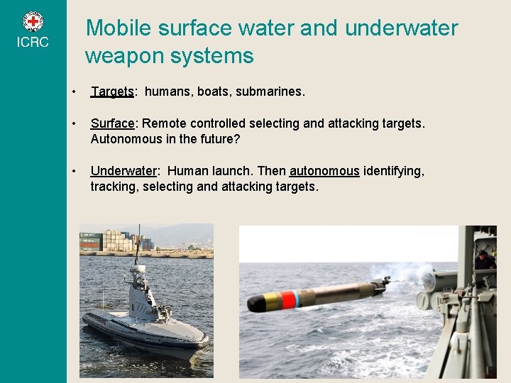 Mobile surface water and underwater weapon systems • Targets: humans, boats, submarines. • Surface: