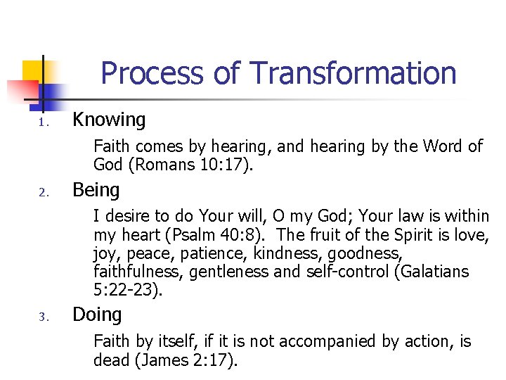 Process of Transformation 1. Knowing Faith comes by hearing, and hearing by the Word