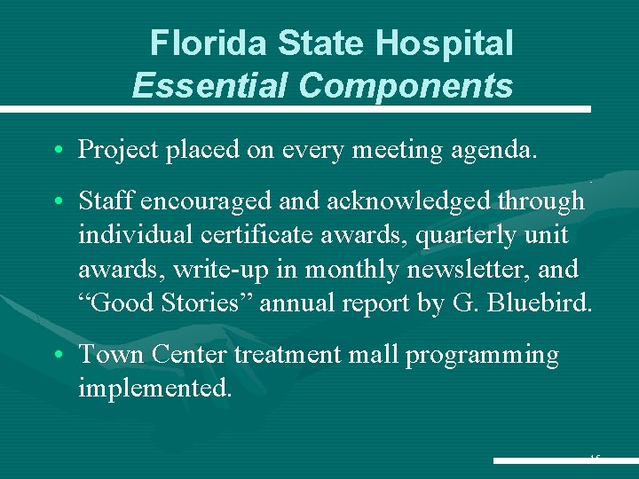 Florida State Hospital Essential Components • Project placed on every meeting agenda. • Staff Florida State Hospital Essential Components • Project placed on every meeting agenda. • Staff