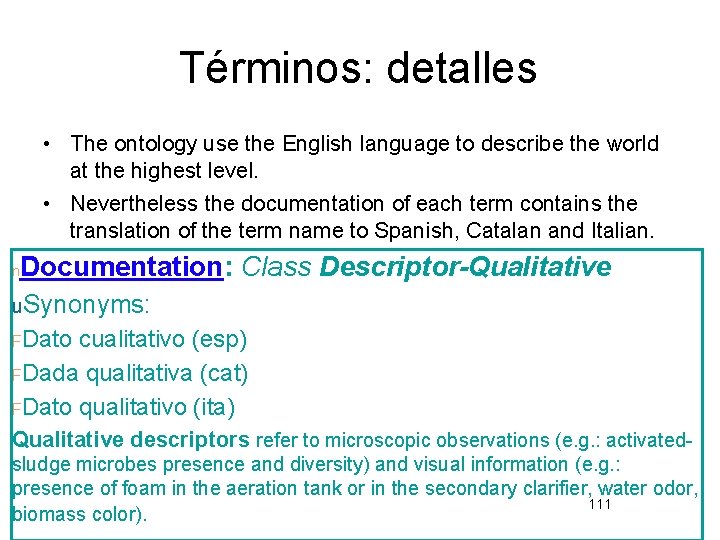 Términos: detalles • The ontology use the English language to describe the world at