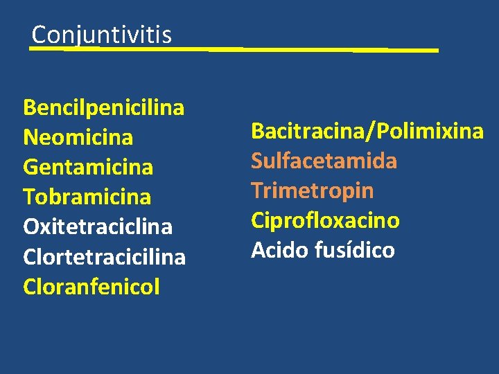 Conjuntivitis Bencilpenicilina Neomicina Gentamicina Tobramicina Oxitetraciclina Clortetracicilina Cloranfenicol Bacitracina/Polimixina Sulfacetamida Trimetropin Ciprofloxacino Acido fusídico