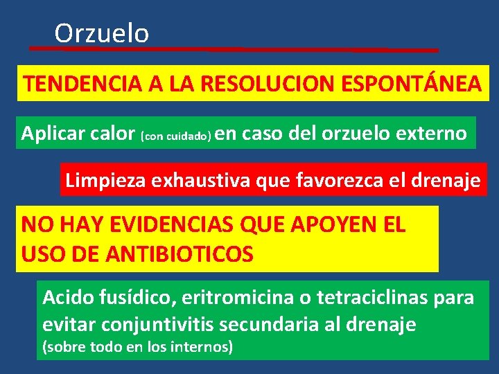 Orzuelo TENDENCIA A LA RESOLUCION ESPONTÁNEA Aplicar calor (con cuidado) en caso del orzuelo