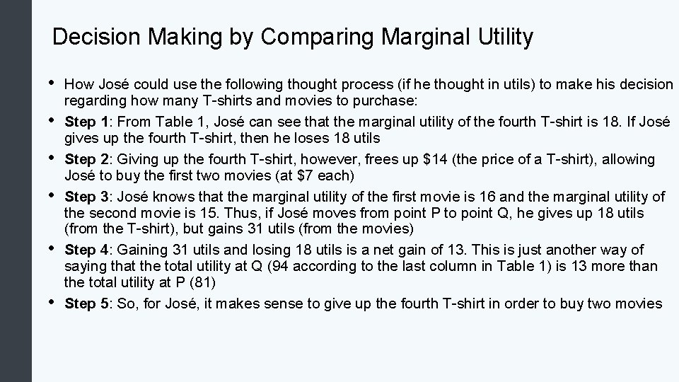 Decision Making by Comparing Marginal Utility • • • How José could use the