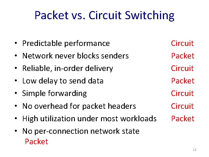 Packet vs. Circuit Switching • • Predictable performance Network never blocks senders Reliable, in-order