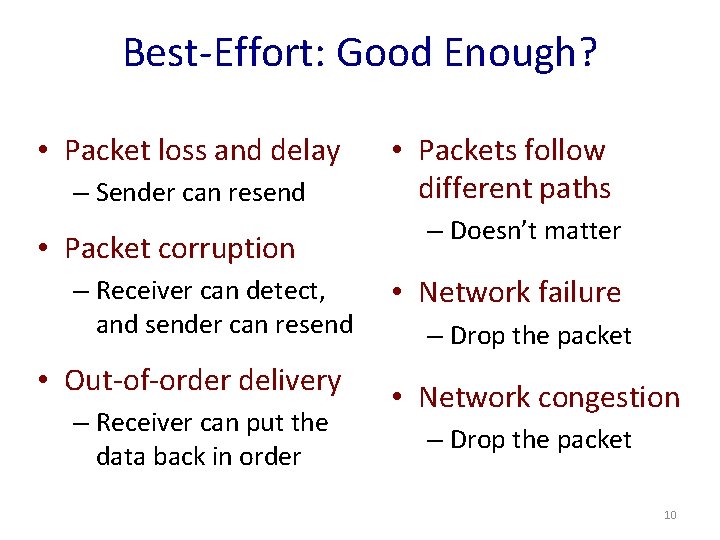 Best-Effort: Good Enough? • Packet loss and delay – Sender can resend • Packet