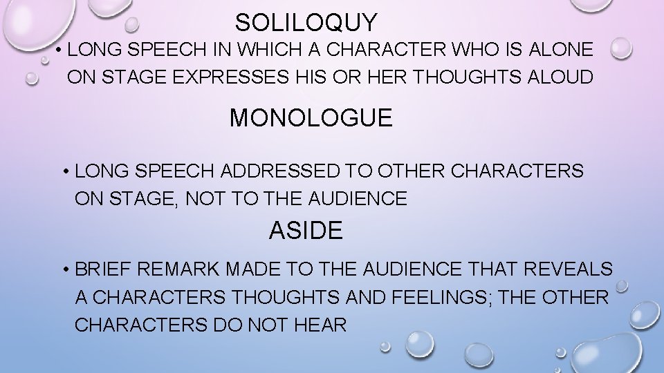 SOLILOQUY • LONG SPEECH IN WHICH A CHARACTER WHO IS ALONE ON STAGE EXPRESSES