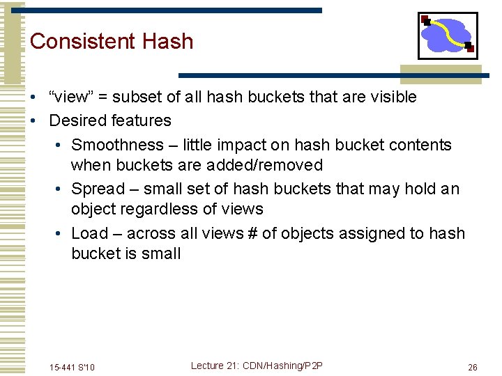 Consistent Hash • “view” = subset of all hash buckets that are visible •