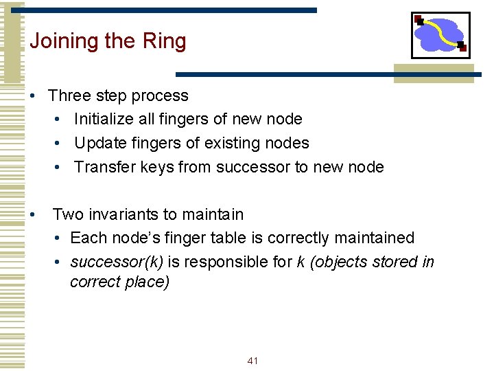 Joining the Ring • Three step process • Initialize all fingers of new node