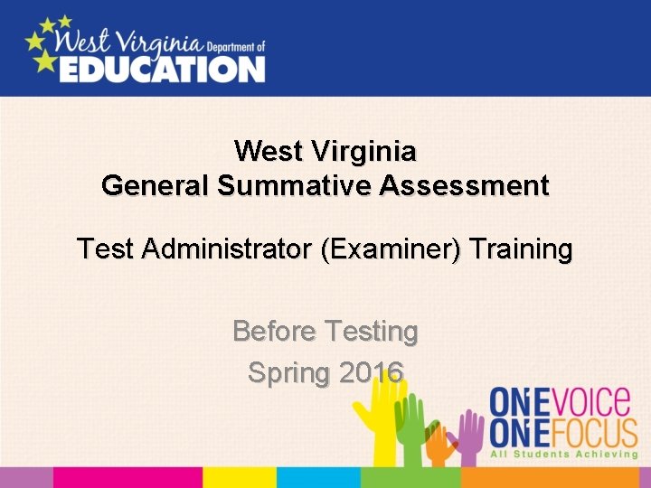 West Virginia General Summative Assessment Test Administrator (Examiner) Training Before Testing Spring 2016 