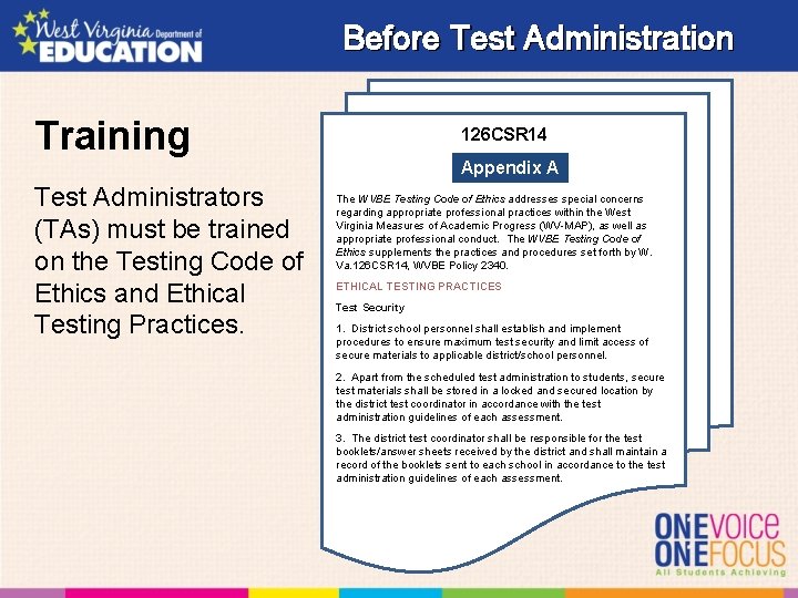 Before Test Administration Training 126 CSR 14 Appendix A Test Administrators (TAs) must be