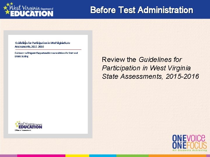 Before Test Administration Review the Guidelines for Participation in West Virginia State Assessments, 2015