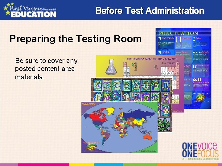 Before Test Administration Preparing the Testing Room Be sure to cover any posted content