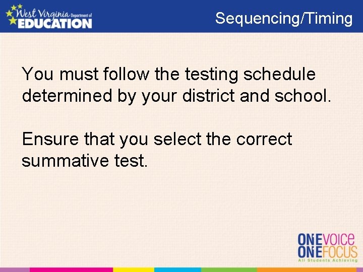 Sequencing/Timing You must follow the testing schedule determined by your district and school. Ensure