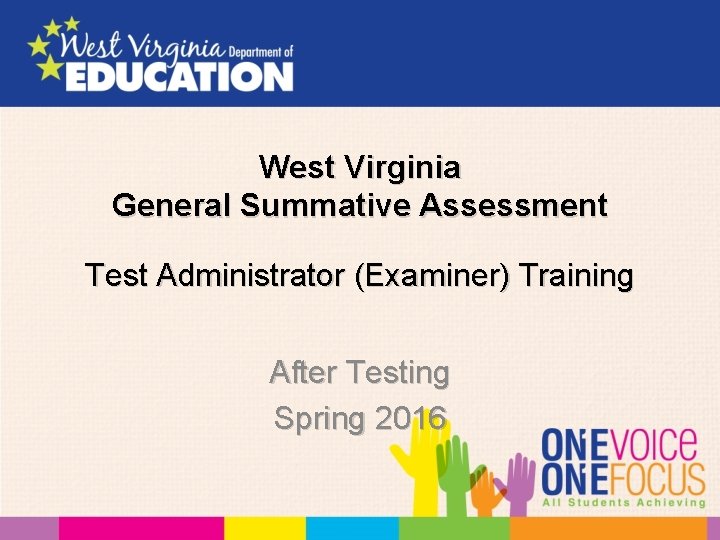 West Virginia General Summative Assessment Test Administrator (Examiner) Training After Testing Spring 2016 