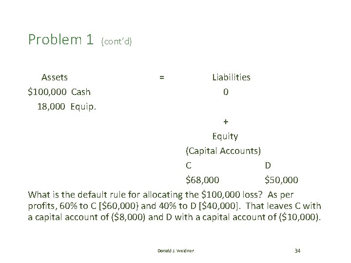 Problem 1 Assets $100, 000 Cash 18, 000 Equip. (cont’d) = Liabilities 0 + Problem 1 Assets $100, 000 Cash 18, 000 Equip. (cont’d) = Liabilities 0 +