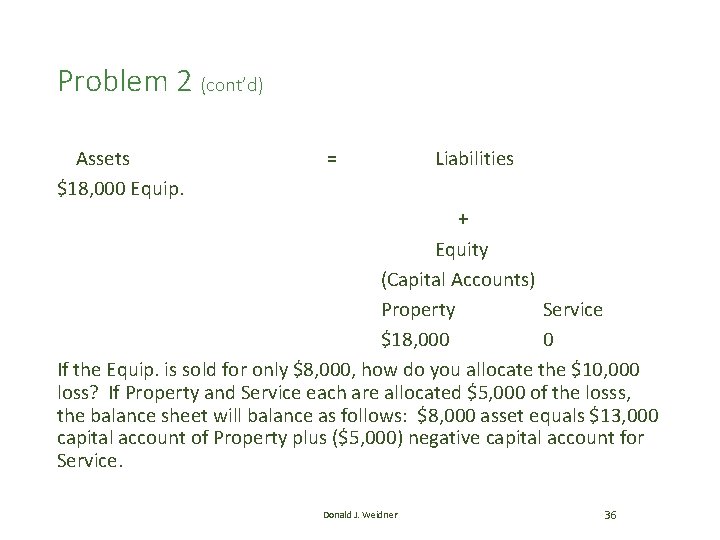 Problem 2 (cont’d) Assets $18, 000 Equip. = Liabilities + Equity (Capital Accounts) Property Problem 2 (cont’d) Assets $18, 000 Equip. = Liabilities + Equity (Capital Accounts) Property
