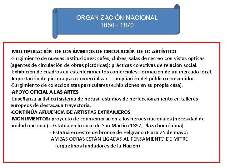 ORGANIZACIÓN NACIONAL 1850 - 1870 -MULTIPLICACIÓN DE LOS ÁMBITOS DE CIRCULACIÓN DE LO ARTÍSTICO.