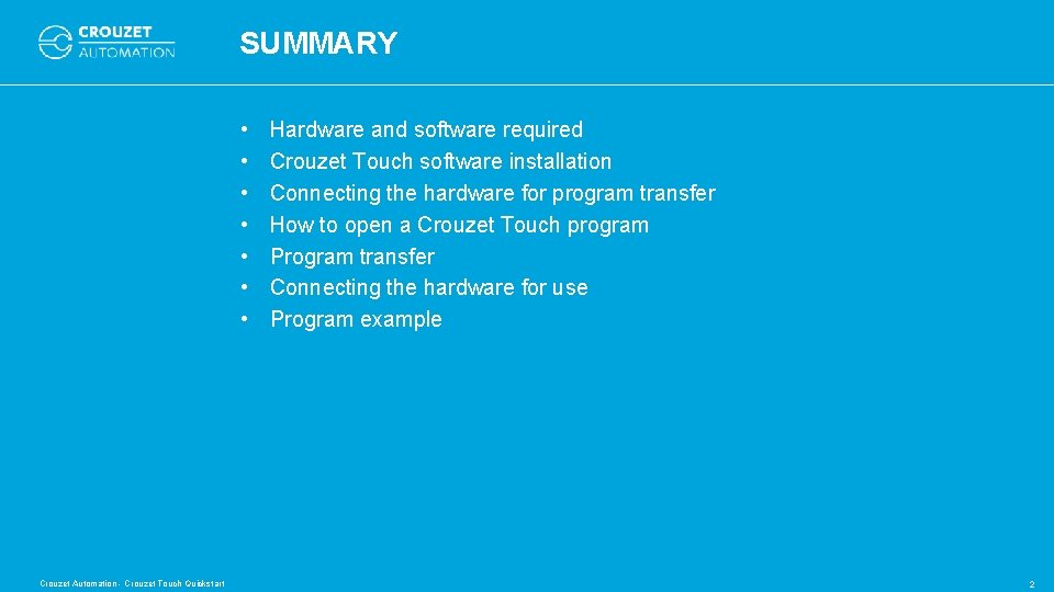 SUMMARY • • Crouzet Automation - Crouzet Touch Quickstart Hardware and software required Crouzet SUMMARY • • Crouzet Automation - Crouzet Touch Quickstart Hardware and software required Crouzet