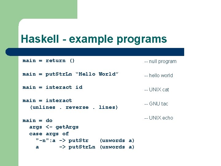 Haskell - example programs main = return () -- null program main = put.