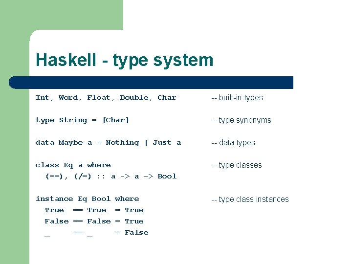 Haskell - type system Int, Word, Float, Double, Char -- built-in types type String