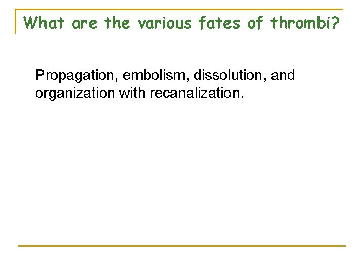 What are the various fates of thrombi? Propagation, embolism, dissolution, and organization with recanalization.