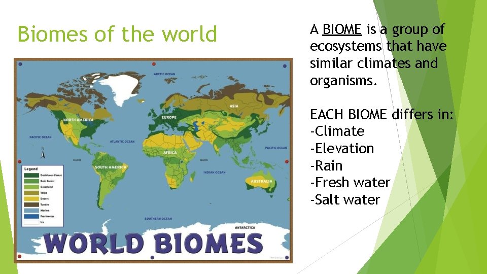 Biomes of the world A BIOME is a group of ecosystems that have similar