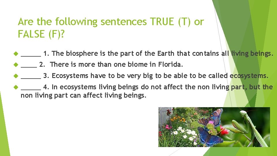 Are the following sentences TRUE (T) or FALSE (F)? _____ 1. The biosphere is