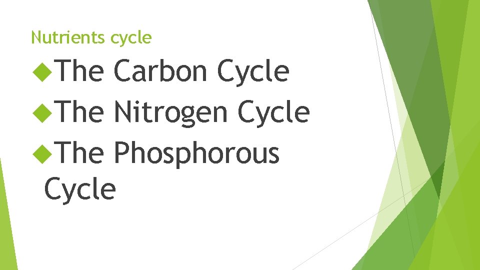 Nutrients cycle The Carbon Cycle The Nitrogen Cycle The Phosphorous Cycle 