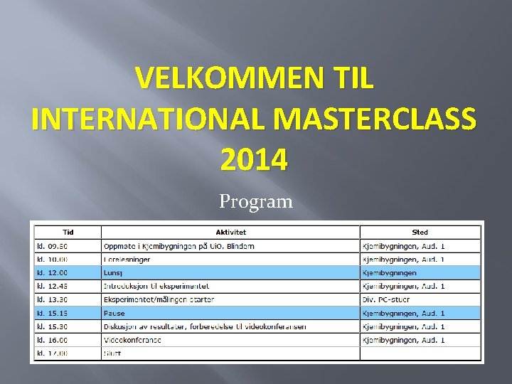 VELKOMMEN TIL INTERNATIONAL MASTERCLASS 2014 Program 