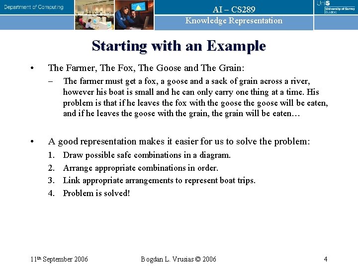 AI – CS 289 Knowledge Representation Starting with an Example • The Farmer, The