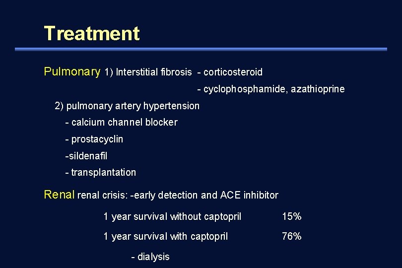 Treatment Pulmonary 1) Interstitial fibrosis - corticosteroid - cyclophosphamide, azathioprine 2) pulmonary artery hypertension