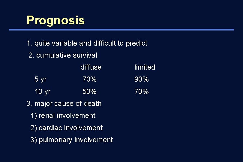 Prognosis 1. quite variable and difficult to predict 2. cumulative survival diffuse limited 5