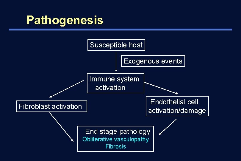 Pathogenesis Susceptible host Exogenous events Immune system activation Fibroblast activation Endothelial cell activation/damage End