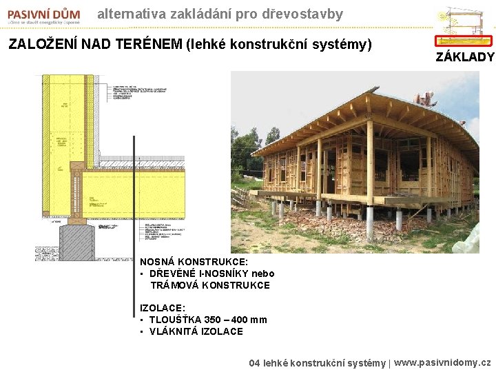 alternativa zakládání pro dřevostavby ZALOŽENÍ NAD TERÉNEM (lehké konstrukční systémy) ZÁKLADY NOSNÁ KONSTRUKCE: •