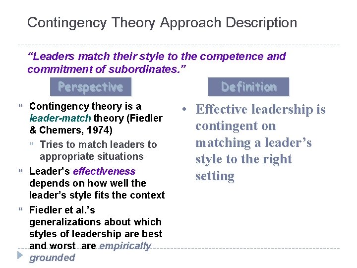 Contingency Theory Approach Description “Leaders match their style to the competence and commitment of
