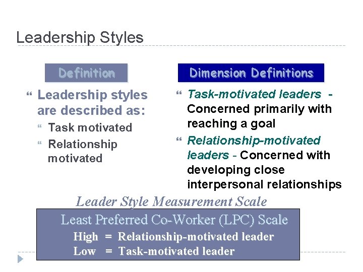 Leadership Styles Definition Leadership styles are described as: Task motivated Relationship motivated Dimension Definitions