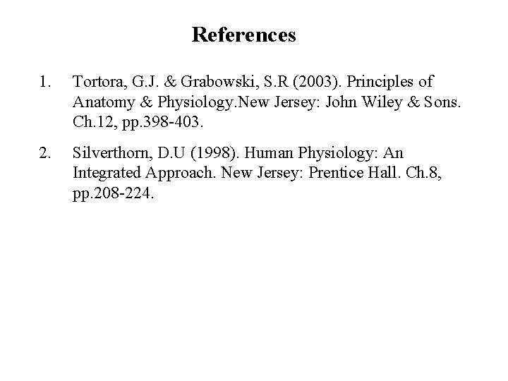 References 1. Tortora, G. J. & Grabowski, S. R (2003). Principles of Anatomy &